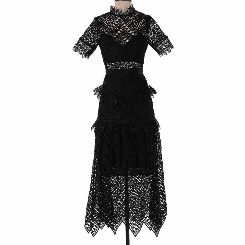 SELF-PORTRAIT Black Abstract Triangle Lace Midi Dress Size US 2 - Picture 2 of 15